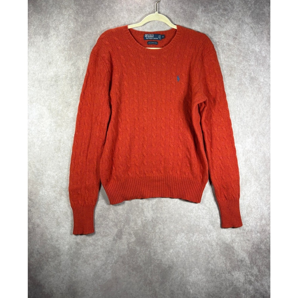 Polo Ralph Lauren Sweater Mens M Orange Cable Knit Lambswool Crew Neck Preppy